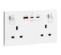 SURAIELEC 35W Double Plug Socket, 2 Gang 13A Switched Wall Socket | 35W PD fast charge (2 USB-C + 1 USB-A), child safe, white finish, fits 25mm back box for easy home installation