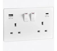 SURAIELEC 45W Double Plug Socket with USB C, 2 Gang 13A DP Switched Wall Socket, 45W PD Fast Charge, Screwless Double Sockets, Child Safe, Fits 25mm Back Box, White