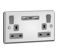 SURAIELEC Chrome Double Plug Socket with 18W USB C, 2 Gang 13A Wall Socket