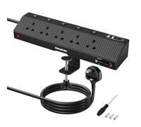 SURAIELEC Desk Extension Lead with PD20W USB-C Cable, 5 Way Desk Power Socket with Clamp and Individual Switches, 2M Desktop Power Strip with Surge Protection for Home and Office