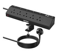 SURAIELEC Desk Power Socket with USB C, 5 Way Desk Extension Lead with Clamp and Individual Switches, 2M Desktop Power Strip with Surge Protection for Home and Office