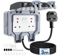 SURAIELEC Double Outdoor Socket with 3m Extension Lead, 13Amp 2 Gang Premium Weatherproof IP66 Outside Plug Sockets, Independent Switches & LED Indicator, Wall Electrical Outlet Cover Box for Garden