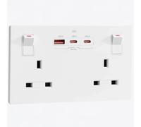 SURAIELEC Double Plug Socket with USB C, 2 Gang 13A Switched Wall Socket, 35W PD Fast Charge (2 USB-C + 1 USB-A),Child Safe, White, Fits 25mm Back Box