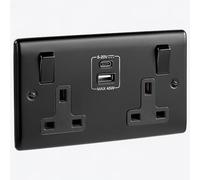 SURAIELEC Metal Black Double Plug Socket with 45W PD USB C, 2 Gang 13A | 45W PD fast charging, 2 gang 13A switched wall socket, child safe, fits 25mm back box, matte black finish