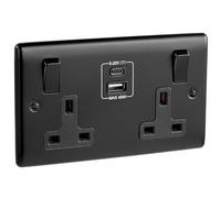 SURAIELEC Metal Black Double Plug Socket with USB C & A, 45W PD Fast Charging, 2 Gang 13A Switched Wall Socket, Child Safe, Fits 25mm Back Box, Matte Black
