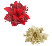 Surakey 24PCS Christmas Poinsettia Artificial Flowers Decorations 5.5" Christmas Tree Wreaths Garland Decoration 2 colors, 12 Pcs of each Glitter Flowers Decor with Clips & Stems for Xmas, Red Gold