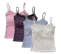 Surakey 4 Pack Girl’s Full Sleeveless Camisole Tank Tops - Floral Print Vest Stretch Undershirts Comfortable Camis (Fits Ages 10-14) (Apricot+Black+Peach+Light Blue)