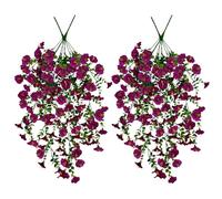 Surakey 4PCS Artificial Hanging Flowers, Realistic Petunias Fake Plastic Faux Hanging Plants Morning Glory Vines for Indoor Outdoor Garden Porch Eave Wedding Wall Décor (Rose Red)