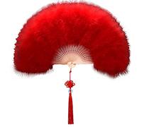 Surakey Marabou Feather Fan 20s Vintage Folding Fan Flapper Hand Fan with Tassels Women Handheld Fan for Costume Dancing Show Tea Party Gifts Wedding Decoration (Red)