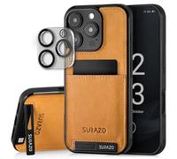 SURAZO Genuine Leather Back Case for Apple iPhone 16 Pro Max Case - Shockproof Leather Mobile Phone Case Cover [Camera Protection Glass, Card Slot, Stand Function, Keychain] Bumper Back Protective