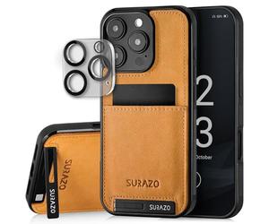 SURAZO Genuine Leather Back Case for Apple iPhone 16 Pro Max Case - Shockproof Leather Mobile Phone Case Cover [Camera Protection Glass, Card Slot, Stand Function, Keychain] Bumper Back Protective