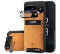 SURAZO Genuine Leather Back Case for Google Pixel 9 Case - Shockproof Leather Phone Case Cover [with Camera Protection Glass, Card Slot, Stand Function, Keychain] Bumper Back Protective Case - Yellow
