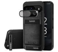SURAZO Genuine Leather Back Case for Google Pixel 9 Case - Shockproof Leather Phone Case Cover [with Camera Protection Glass, Card Slot, Stand Function, Keychain] Bumper Back Protective Case - Black
