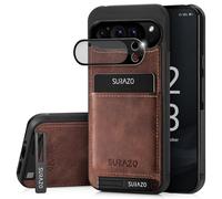 SURAZO Genuine Leather Back Case for Google Pixel 9 Pro Case - Shockproof Leather Mobile Phone Case Cover [with Camera Protection Glass, Card Slot, Stand Function, Keychain] Bumper Back Protective