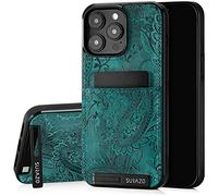 SURAZO Genuine Leather Back Case for iPhone 15 Pro Max - Shockproof Leather Case with Card Slot, Stand Function, Key Fob, Floral Slim Bumper Protective Cover