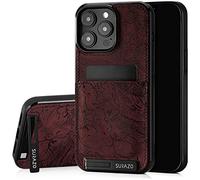 SURAZO Genuine Leather Case for iPhone 15 Pro Max - Shockproof Mobile Case with Stand, Card Slot, Key Fob - Ornament Floral Slim Bumper Protective Cover