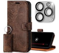 SURAZO Mobile Phone Case for Apple iPhone 16 Pro Leather - Foldable Genuine Leather Protective Case [with Card Slot, RFID Protection, Stand Function, Camera Protection Glass] [Flower] Flip Flip Case
