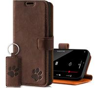 SURAZO Mobile Phone Case for Xiaomi Poco X3 Pro NFC - Premium Genuine Leather Case with Paw Motif - Vintage Flip Case with Stand Function, Card Slot and Key Ring - Handmade RFID Protective Case (Nut