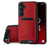 SURAZO Premium Genuine Leather Back Case for Samsung Galaxy A15 Case - Shockproof Leather Mobile Phone Case Cover [Card Slot, Stand Function, Keychain] Vintage Slim Bumper Protective Case (Costa Red)