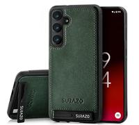SURAZO Premium Genuine Leather Back Case for Samsung Galaxy S24 Case - Shockproof Leather Mobile Phone Case Cover [Stand Function, Keychain] Vintage Slim Bumper Protective Case (Dark Green)