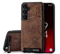 SURAZO Premium Genuine Leather Back Case for Samsung Galaxy S24 Case - Shockproof Leather Mobile Phone Case Cover [Stand Function, Keychain] Floral Slim Bumper Protective Case (Ornament Brown)