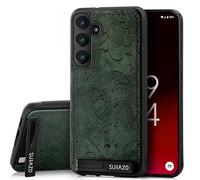 SURAZO Premium Genuine Leather Back Case for Samsung Galaxy S24 Case - Shockproof Leather Mobile Phone Case Cover [Stand Function, Keychain] Floral Slim Bumper Protective Case (Ornament Green)