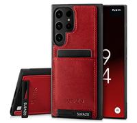 SURAZO Premium Genuine Leather Back Case for Samsung Galaxy S24 Ultra - Shockproof Leather Mobile Phone Case Cover [Card Slot, Stand Function, Keychain] Vintage Slim Bumper Protective Case (Costa Red)