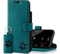 SURAZO Premium Mobile Phone Case for Apple iPhone 14 Pro - Premium Genuine Leather Protective Case with Paw Motif - RFID Flip Case [with Magnet, Stand Function, Card Slot] Cover Leather Case