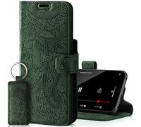 SURAZO Prestige Leather Case for Apple iPhone 13 Pro Max - RFID Wallet Flip Cover with 3 Card Slots & Cash Pocket - Secure Magnetic Closure & Kickstand - Real Leather Folio Bumper (Ornament Green)