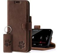 SURAZO Prestige Leather Case for Apple iPhone 13 Pro - RFID Flip Wallet - 3 Card Slots & Cash Pocket - Secure Magnetic Closure & Kickstand - Real Leather Phone Cover (Nut & Paw)