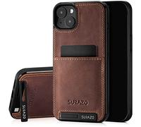 SURAZO Protective Phone Case for Apple iPhone 15 Case - Genuine Leather Cover with Card Holder - Slim Back Case with Foldable Stand and Keychain - Robust Bumper Protector (Nut Brown)