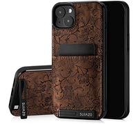 SURAZO Protective Phone Case for Apple iPhone 15 Plus Case - Genuine Leather Cover with Card Holder - Slim Back Case with Foldable Stand and Keychain - Robust Bumper Protector (Floral Brown)