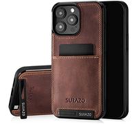 SURAZO Protective Phone Case for Apple iPhone 15 Pro Case - Genuine Leather Cover with Card Holder - Slim Back Case with Foldable Stand and Keychain - Robust Bumper Protector (Nut Brown)