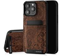 SURAZO Protective Phone Case for Apple iPhone 15 Pro Case - Genuine Leather Cover with Card Holder - Slim Back Case with Foldable Stand and Keychain - Robust Bumper Protector (Floral Brown)