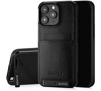 SURAZO Protective Phone Case for Apple iPhone 15 Pro Max Case - Genuine Leather Cover with Card Holder - Slim Back Case with Foldable Stand and Keychain - Robust Bumper Protector (Black)