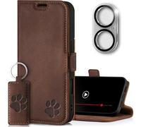 SURAZO Slim Magnetic Mobile Phone Case for Apple iPhone 16 Leather - Genuine Leather Protective Case with Paw Motif RFID Flip Case [Stand Function, Card Slot, Camera Protection Glass] Flip Cover Case