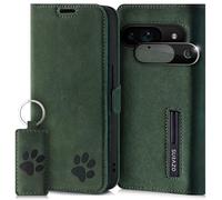 SURAZO Slim Magnetic Mobile Phone Case for Google Pixel 9 5G Leather Genuine Leather Protective Case with Paw Motif RFID Flip Case [Stand Function, Card Slot, Camera Protection Glass] Flip Cover Case