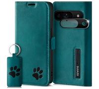SURAZO Slim Magnetic Mobile Phone Case for Google Pixel 9 5G Leather Genuine Leather Protective Case with Paw Motif RFID Flip Case [Stand Function, Card Slot, Camera Protection Glass] Flip Cover Case