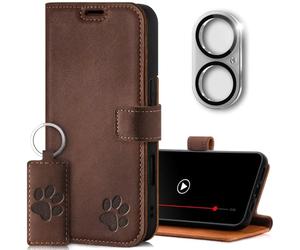 SURAZO Wallet Mobile Phone Case for Apple iPhone 16 Leather - Genuine Leather Protective Case with Paw Motif - RFID Flip Case [Magnet, Stand Function, Card Slot, Camera Protection] Flip Cover Case