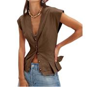 SurBepo Vest Tops for Women V-Neck Button Down Linen Blazer Cap Sleeve Fitted Waistcoat Work Casual Dressy Clothes, Brown, XX-Large