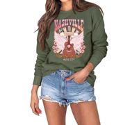 SurBepo Women Vintage Rock Roll Country Music Band Sweatshirts Fall Long Sleeve Graphic Pullover Tops, Green-1, Medium