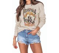 SurBepo Women Vintage Rock Roll Country Music Band Sweatshirts Fall Long Sleeve Graphic Pullover Tops, Beige-3, XL