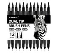 Surcotto 12 Pack Felt Tip Pens, Dual Tip Black Markers Washable Colouring Pens Water-Based Markers for Adults Art Drawing Sketching Journaling Calligraphy