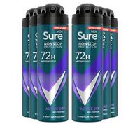 Sure Antiperspirant 72H Nonstop Sweat and Odour Protection Alcohol-Free Body Spray Anti-White Marks with Fresh and Sporty Scent Multi Fragrance Deodorant for Men, 150ml Pack of 6 (Active Dry)