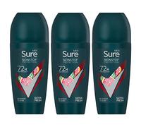 Sure Antiperspirant 72H Nonstop Sweat and Odour Protection Alcohol-Free Roll On with Citrusy, Spicy and Woody Scent Multi Fragrance Deodorant for Men, 50ml Pack of 3 (Ultra Fresh)