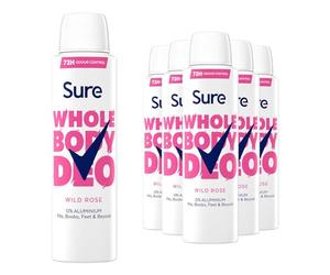 Sure Deodorant Spray Wild Rose, Pack of 6, Whole Body Deodorant for Women Aluminium Free Deo Spray with Fresh and Floral Fragrance Provides 72-Hour Odour Control, 150 ml