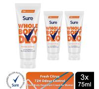 Sure Whole Body Deo Deodorant x3 Women 72hr Cream 75ml Fresh Citrus 0% Aluminium