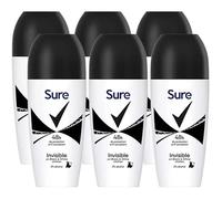 Sure Invisible Anti-Perspirant Roll-On Women's Deodorant, 48h Protection, No White Marks or Yellow Stains, 0% Alcohol, 50ml, Pack of 6