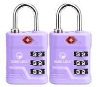 SURE LOCK TSA Approved Luggage Lock - 3-Digit Resettable Combination Padlock with Open Alert Red Dot, Large Easy-Read Dials for Suitcases, Backpacks, Gym & School Lockers(Purple 2 pk)