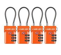 SURE LOCK TSA Approved Luggage Locks - 3-Digit Combination Cable Lock with Red Indicator, Large Dial & Easy-Press Button for Suitcases and Backpacks - Multi-Pack & Color Options, ORANGE 4 PACK
